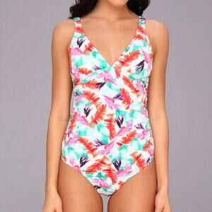 Carve Designs Vista triangle top touched leaf print one piece swim suit sz M